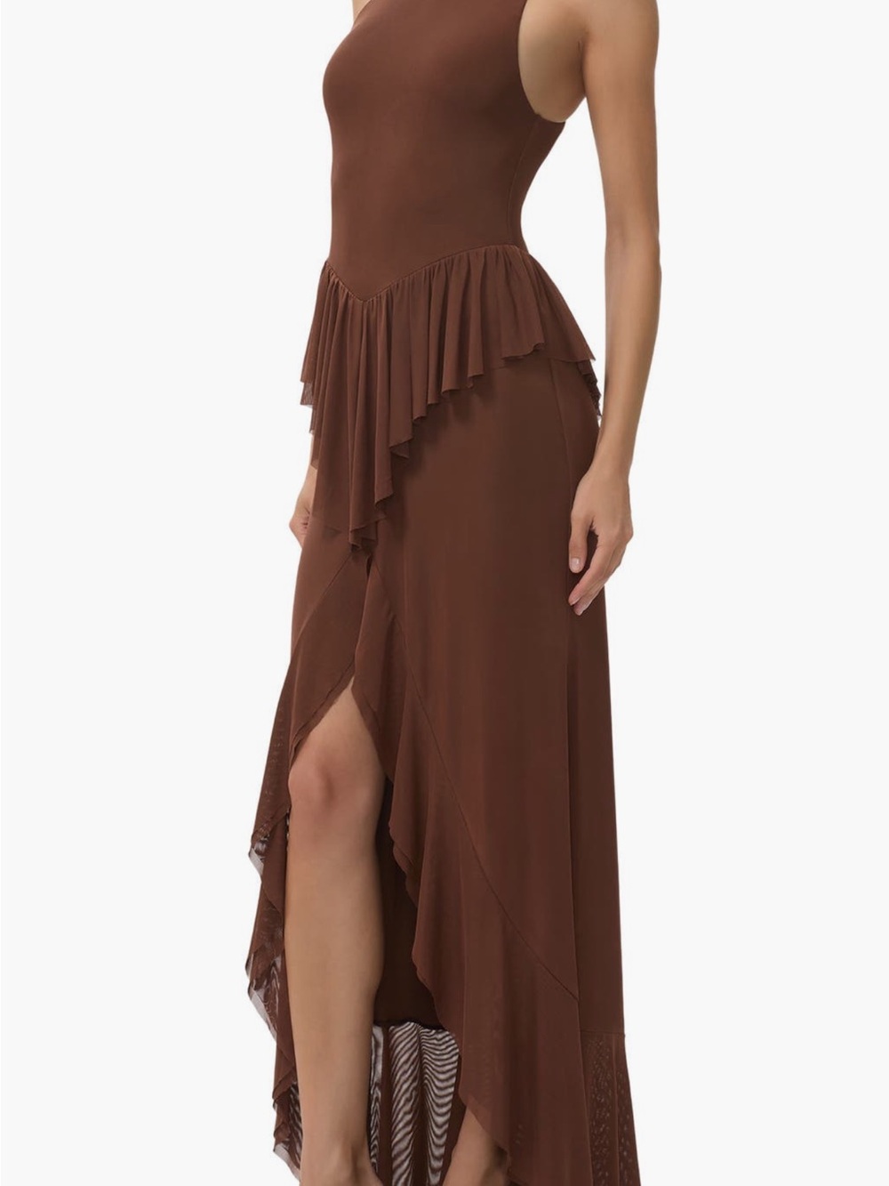 AFRM Brown Asymmetrical Ruffle High-Low Maxi Dress - Picture 2 of 7